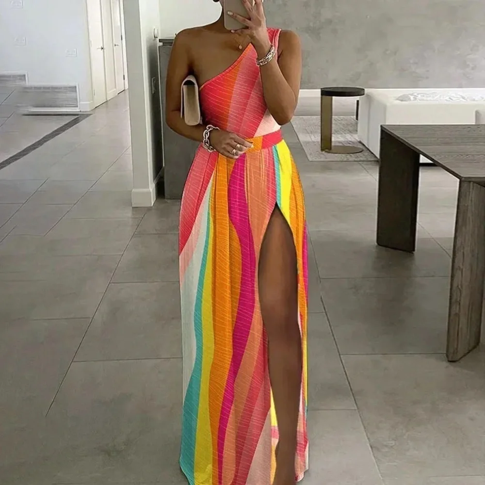 ChicMe Vibrant Multi-Color One-Shoulder Print Slit Maxi Sundress (NWOT) - Picture 1 of 12